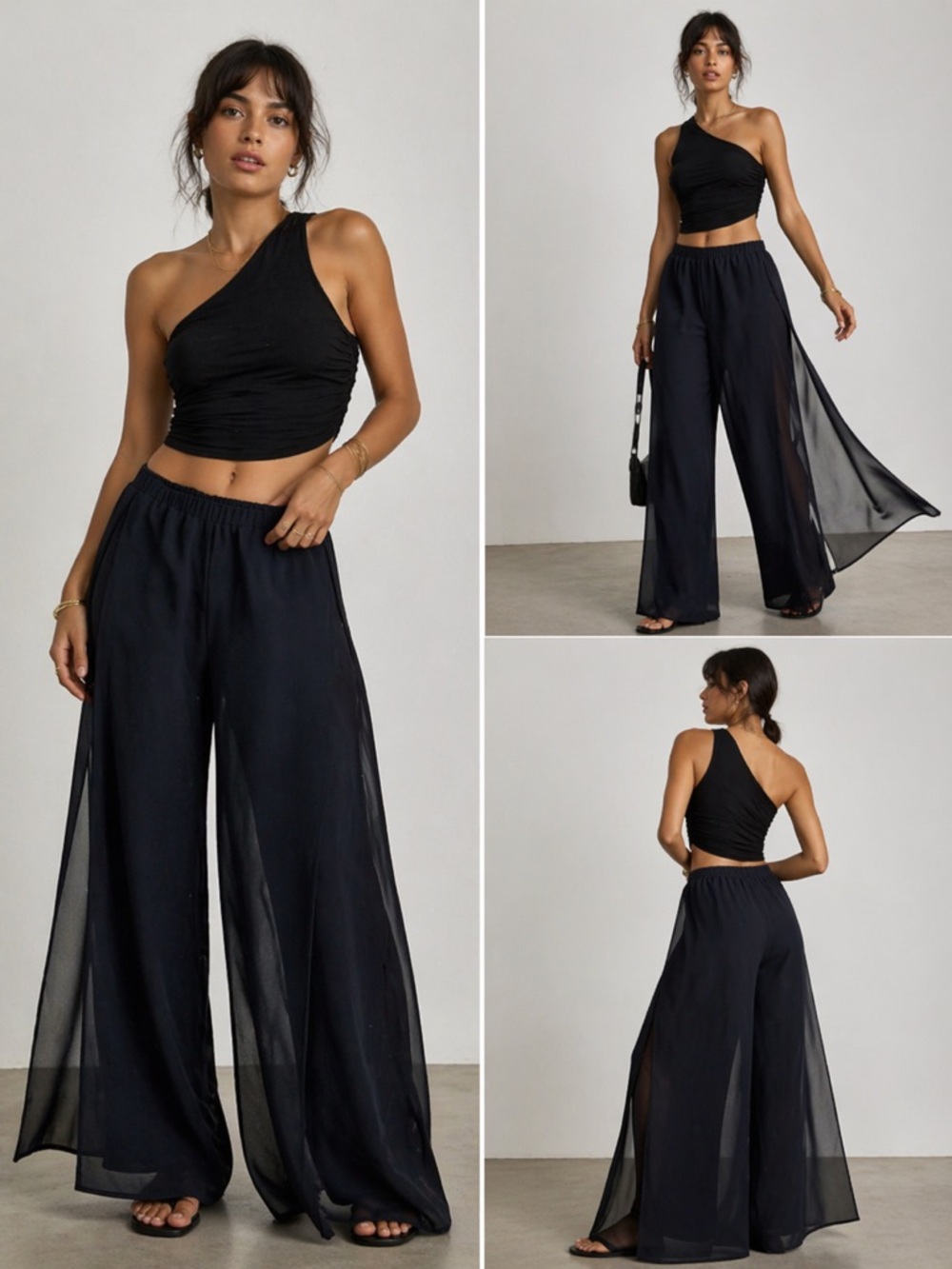 Black Sheer Overlay Wide Leg Pants Chiffon Palazzo Elastic Waist by Ouida